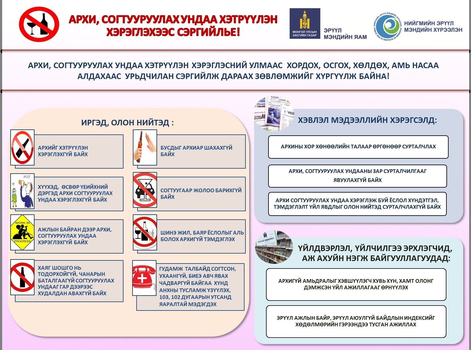 Архи, согтууруулах ундааг хэтрүүлэн хэрэглэхээс сэргийлье