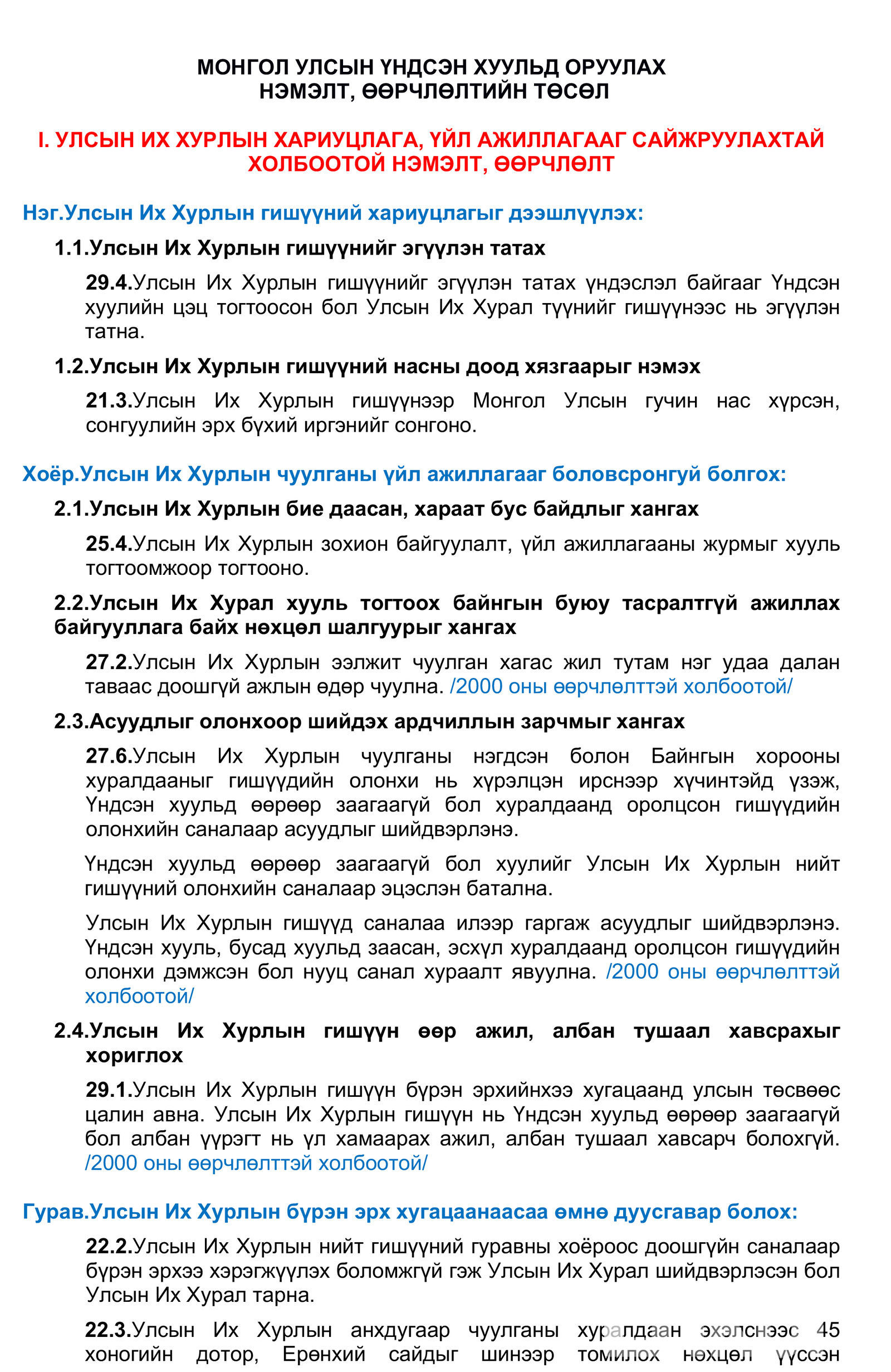 Үндсэн хуульд нэмэлт, өөрчлөлт оруулах хуулийн төслийг өнөөдөр өргөн барина